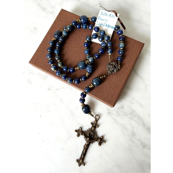 Bella Studios Rosary Lapis Lazuli Beads Bronze Medal and Crucifix Prayer Beads